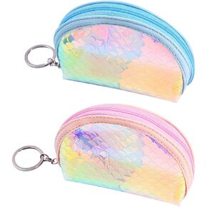 2 PCS Mermaid Coin Presh Holographic Coin Bag Small Glitter Wallet Zipper Coin Coin Pouch Mini Change Handbag Card Card Card for Girls semicircle