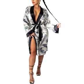 Women Money Print Silky Robes Long Sleeve Dollars Pattern Kimono Satin Robe Pjs Loungewear Sleepwear