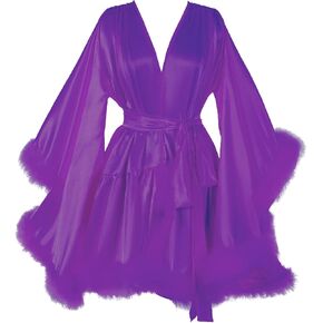 Women's Feather Bridal Robes Silk Satin Bridal Dressing Gown Sexy Illusion Lingerie Sleepwear
