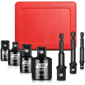 7PCS Impact Socket Adapter Set, 1/4" 3/8" 1/2" SAE Drill Socket Adapter Set, Square and Hex Drive for Impact Driver Wrench, Cr-Mo&CR-V Steel
