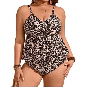 Women's Plus Size 2 Piece Leopard Tankini Set Cheetah Swimsuit Ruched High Waisted Bathing Suits Ruffle Hem Beachwear