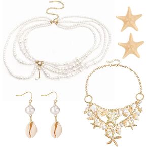 JeVenis Mermaid Costume Beach Accessories Jewelry Starfish Necklace Hair Clip for Women Seashells Starfish Pearl Summer Beach Gifts for Women
