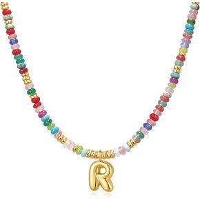 YOUFENG Initial Letter Necklaces for Women Colorful Beaded Gemstone Choker 14K Gold Bubble Letter Pendant Necklace Natural Stone Handmade Jewelry Gift