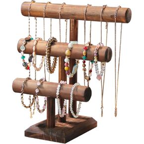 Bracelet Holder, 3-Tier Bracelet Display Stand for Vendors, T-Bar Necklace Scrunchie Wooden Storage Rack, Bangle Watch Jewelry Display Tower