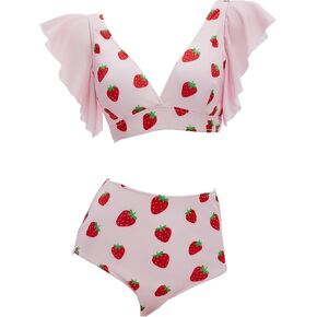 haikyuu Women Strawberry Swimsuit Cute Two Piece Swimsuit Vintage Retro Bathing Suit Ruffle Swimwear