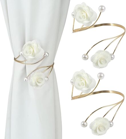 2 Pack Handmade Red Rose with Pearls Curtain Tiebacks, Gold Finish, Boho Style for Home Office Decor (White) in Saudi Arabia