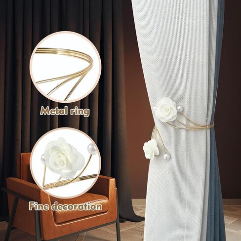 2 Pack Handmade Red Rose with Pearls Curtain Tiebacks, Gold Finish, Boho Style for Home Office Decor (White) in Saudi Arabia