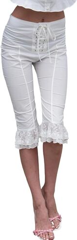 Lace Trim Capri Leggings for Women Stripe Elastic Waist Ruffles Hem Tight Slim Fit Cropped Pants Coquette Leggings in Saudi Arabia