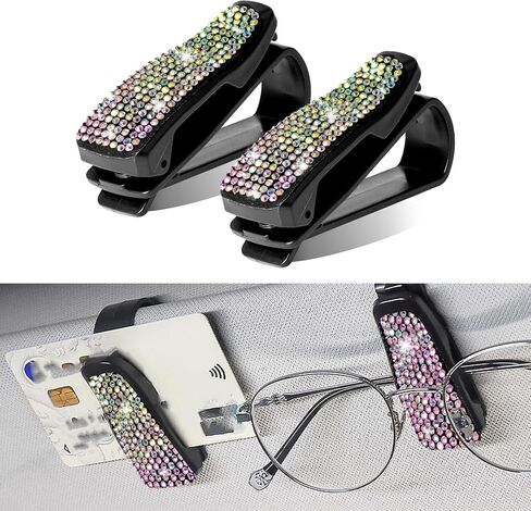 x xotic tech Glasses Holders for Car Sun Visor, 2 Pack Fashion Bling Crystal Rhinestones Car Eyeglasses Sunglasses Hanger Mount with Ticket Card Clip (Purple) in Saudi Arabia
