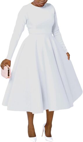 Famnbro Women's Vintage Cocktail Dresses 1950s Round Neck Long Sleeve A Line Formal Church Swing Maxi Dress in Saudi Arabia