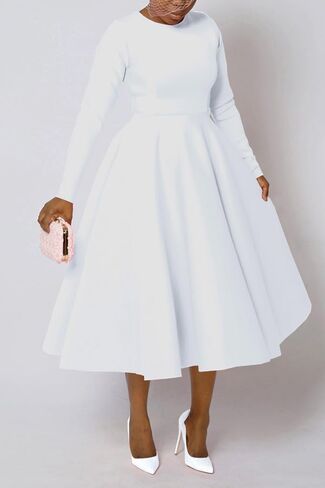 Famnbro Women's Vintage Cocktail Dresses 1950s Round Neck Long Sleeve A Line Formal Church Swing Maxi Dress in Saudi Arabia
