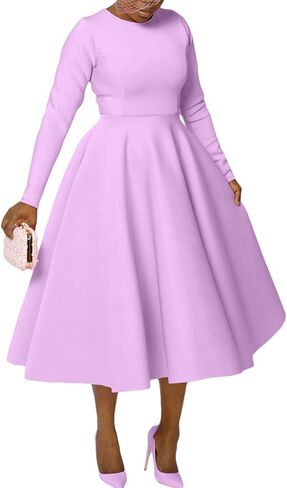 Famnbro Women's Vintage Cocktail Dresses 1950s Round Neck Long Sleeve A Line Formal Church Swing Maxi Dress in Saudi Arabia