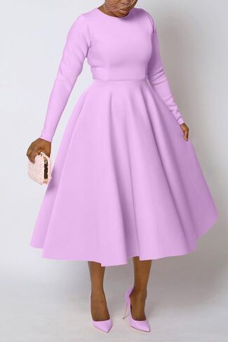 Famnbro Women's Vintage Cocktail Dresses 1950s Round Neck Long Sleeve A Line Formal Church Swing Maxi Dress in Saudi Arabia
