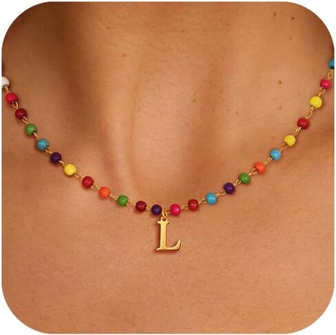 Me&Hz Initial Necklaces for Women, Colorful Boho Beaded Choker Necklace Dainty 14k Gold Plated Letter Necklace for Women Trendy Handmade Rainbow Beaded Choker Summer Beach Jewelry Personalized Gift in Kuwait
