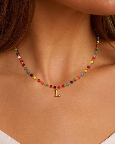 Me&Hz Initial Necklaces for Women, Colorful Boho Beaded Choker Necklace Dainty 14k Gold Plated Letter Necklace for Women Trendy Handmade Rainbow Beaded Choker Summer Beach Jewelry Personalized Gift in Kuwait