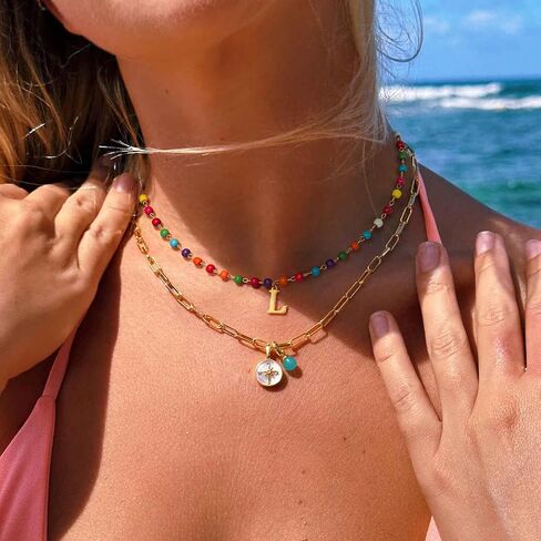 Me&Hz Initial Necklaces for Women, Colorful Boho Beaded Choker Necklace Dainty 14k Gold Plated Letter Necklace for Women Trendy Handmade Rainbow Beaded Choker Summer Beach Jewelry Personalized Gift in Kuwait