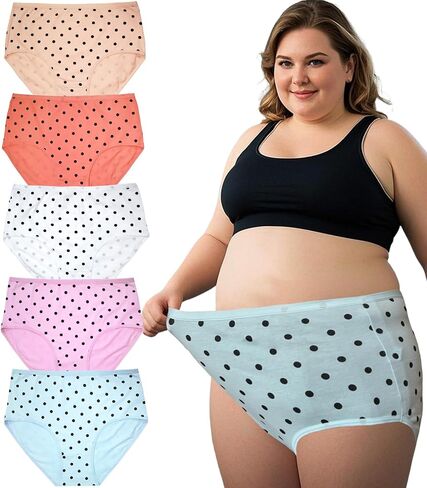 Womens Underwear Cotton Plus Size Briefs XL-5XL Mid High Waist Full Coverage Ladies Panties 5 Pack Polka Dot in Saudi Arabia