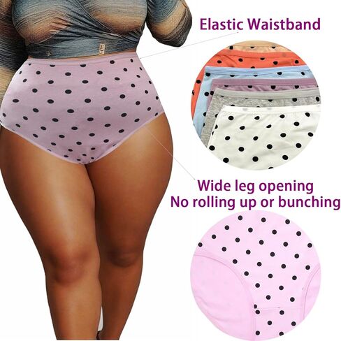 Womens Underwear Cotton Plus Size Briefs XL-5XL Mid High Waist Full Coverage Ladies Panties 5 Pack Polka Dot in Saudi Arabia