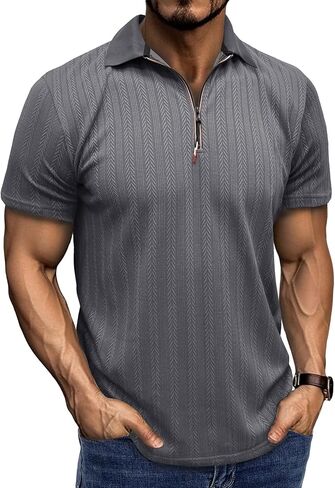 Nuofengkudu Men's Quarter Zip Polo Short Sleeve Collared T-Shirts Vintage Textured Casual Summer Tee Shirt in Kuwait