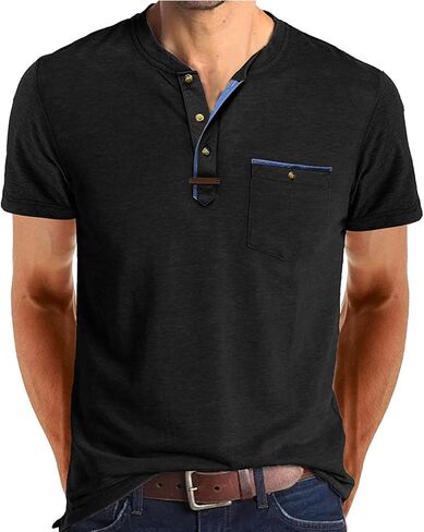 Mens Henley Shirts Short Sleeve Button T-Shirts Summer Vintage Lightweight Tee Shirts with Pocket in Kuwait