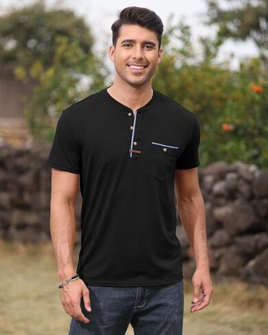 Mens Henley Shirts Short Sleeve Button T-Shirts Summer Vintage Lightweight Tee Shirts with Pocket in Kuwait