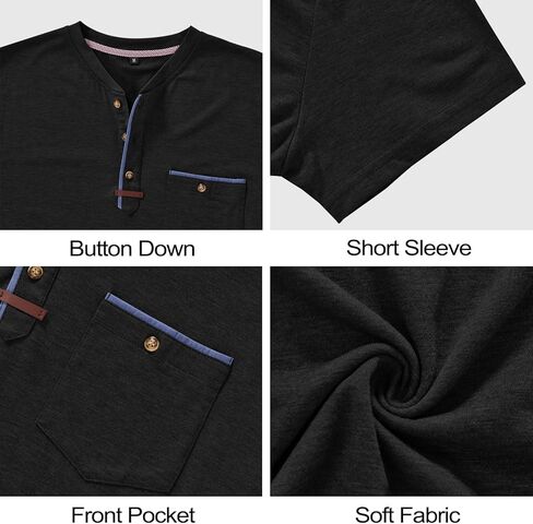 Mens Henley Shirts Short Sleeve Button T-Shirts Summer Vintage Lightweight Tee Shirts with Pocket in Kuwait