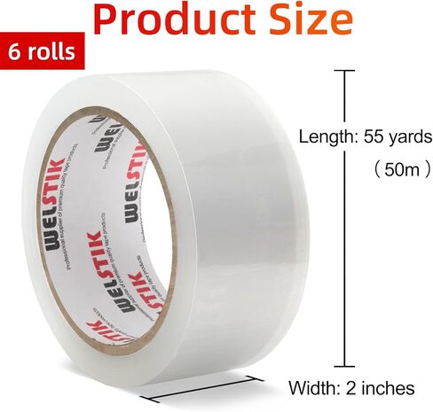 WELSTIK 3 بوصات أساسية، 6 عبوات 2 بوصة × 60 ياردة شريط تغليف شفاف شديد التحمل مع موزع مجاني، صندوق شحن صناعي شريط تعبئة شفاف للحركة والمكتب والمنزل in Kuwait
