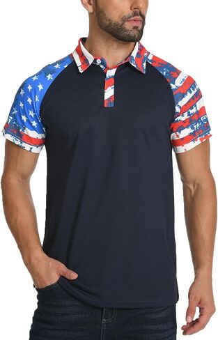 H HYFOL Short Sleeve Polo Shirts for Men Star Patchwork Graphic Stretch Casual American Patriotic Raglan Golf Polos for Men in Saudi Arabia