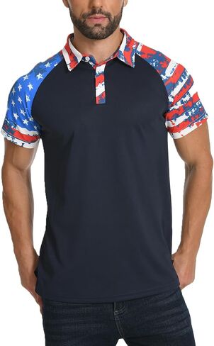 H HYFOL Short Sleeve Polo Shirts for Men Star Patchwork Graphic Stretch Casual American Patriotic Raglan Golf Polos for Men in Saudi Arabia