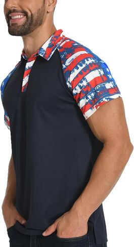 H HYFOL Short Sleeve Polo Shirts for Men Star Patchwork Graphic Stretch Casual American Patriotic Raglan Golf Polos for Men in Saudi Arabia