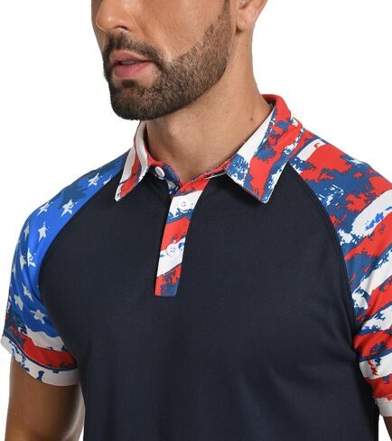 H HYFOL Short Sleeve Polo Shirts for Men Star Patchwork Graphic Stretch Casual American Patriotic Raglan Golf Polos for Men in Saudi Arabia