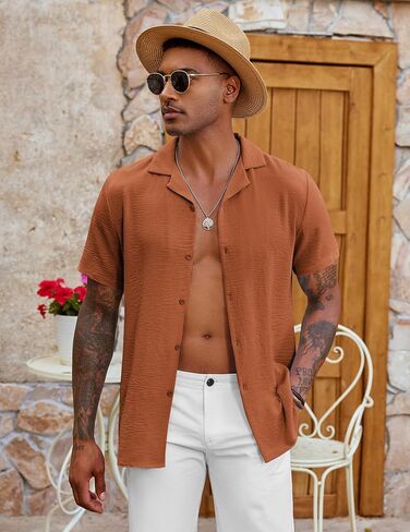 COOFANDY Men's Casual Button Down Shirt Short Sleeve Textured Summer Cuban Beach Shirts in Saudi Arabia