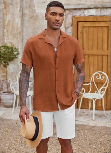 COOFANDY Men's Casual Button Down Shirt Short Sleeve Textured Summer Cuban Beach Shirts in Saudi Arabia