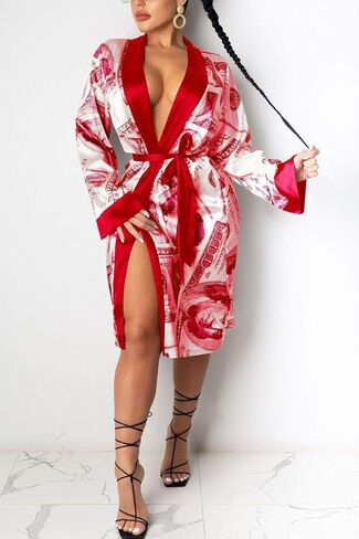 نساء أموال طباعة أردية حريرية من الأكمام الطويلة نمط كيمونو ساتان رداء PJS Loungewear ملابس النوم in Kuwait