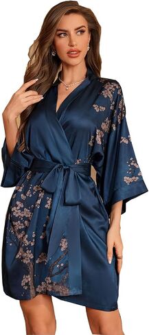 DQSSYTTX Floral Silk Robe for Women Long and Short Bathrobe Nightgown Flower Nightshirt Sleepwear Kimono Robe in Saudi Arabia