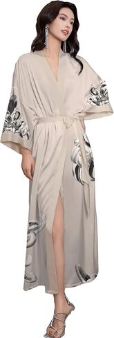DQSSYTTX Floral Silk Robe for Women Long and Short Bathrobe Nightgown Flower Nightshirt Sleepwear Kimono Robe in Saudi Arabia