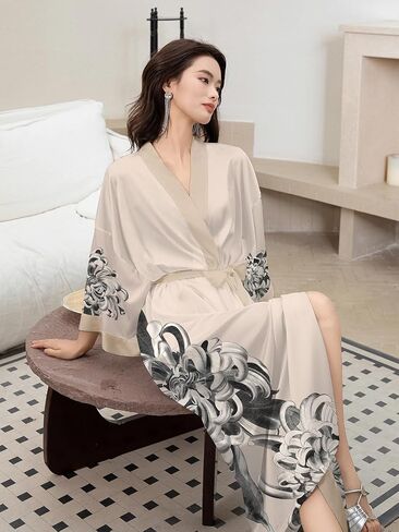 DQSSYTTX Floral Silk Robe for Women Long and Short Bathrobe Nightgown Flower Nightshirt Sleepwear Kimono Robe in Saudi Arabia