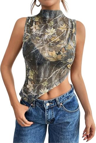 Women's Sheer Mesh Tank Tops Mock Neck Sleeveless Asymmetrical Hem Crop Top See Through Shirts in Saudi Arabia