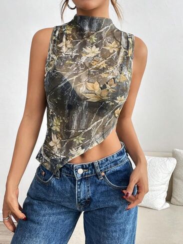 Women's Sheer Mesh Tank Tops Mock Neck Sleeveless Asymmetrical Hem Crop Top See Through Shirts in Saudi Arabia
