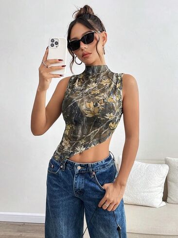 Women's Sheer Mesh Tank Tops Mock Neck Sleeveless Asymmetrical Hem Crop Top See Through Shirts in Saudi Arabia