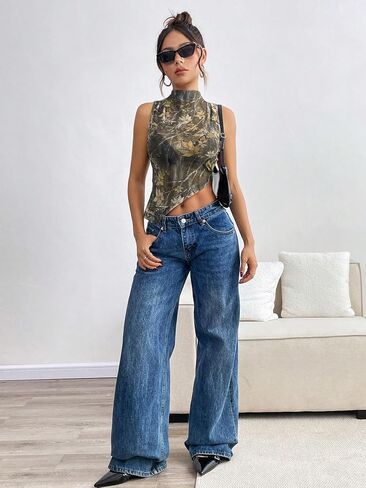 Women's Sheer Mesh Tank Tops Mock Neck Sleeveless Asymmetrical Hem Crop Top See Through Shirts in Saudi Arabia