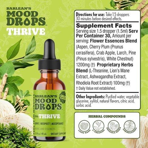 Barlean's Mood Booster Supplement, Thrive Liquid Drops Supplements, Ashawagandha, L Theanine, and Lion's Mane Extract, Adaptogen Herbs Drops, 1.5 oz in Kuwait