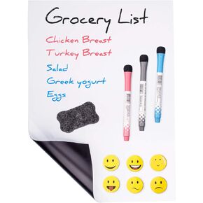 Magnetic Dry Eraser White Board Sheet for Kitchen Refrigerator with Stain Resistant Technology, Organizer & Planner Whiteboard 12" X 8", Include 1 Eraser, 3 Markers & 6 Fridge Magnets