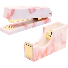 MultiBey Pink Marble Sticky Note Holder Stapler and Tape Dispenser Set with 1000 Rose Gold Staples & Tape, Non-Slip Rubber Base Desk Stapler Tape Cutter for Women Office Home