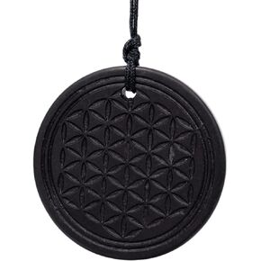 Shungite Engraved Pendant Circle with Cord - Authentic Healing Stone for Chakra and Energy Balancing - Flower of Life