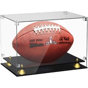 Acrylic Football Display Case, Clear Football Case for Signed Football, Double Tier Black Football Display Stand for Autographed Football Display