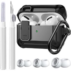 قفل حافظة Olytop لجهاز Airpods Pro 2 Gen/Pro مع مجموعة منظف وأطراف أذن بديلة (S/M/L)، غطاء حماية متين Air Pod Pro الجيل الثاني/الأول لجهاز iPod Pro (2023/2022/2019) مع سلسلة مفاتيح، أسود