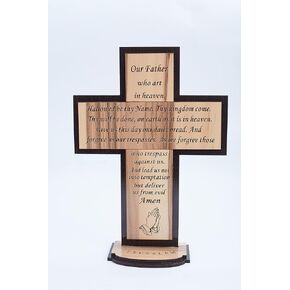 The Lord’s Prayer Wood Standing Table/Altar Cross (5.5 Inch English) - KJV Scripture Matthew 6:9-13, Engraving of 'Our Father Prayer' on Wooden Blocks