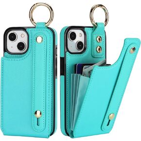 Folosu for iPhone 13/14 Wallet Case with Card Holder, Hand Wrist Strap Loop Holder Kickstand, RFID Blocking Finger Grip Ring PU Leather Double Buttons Shockproof Cover 6.1" Rose Gold