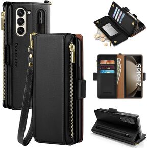 Antsturdy for Samsung Galaxy Z Fold 5 case Wallet Women with 【S Pen Holder】,Galaxy Z Fold 5 Phone case with Card Holder Strap PU Leather RFID Blocking Flip Folio Cover Credit Slots Men,Black